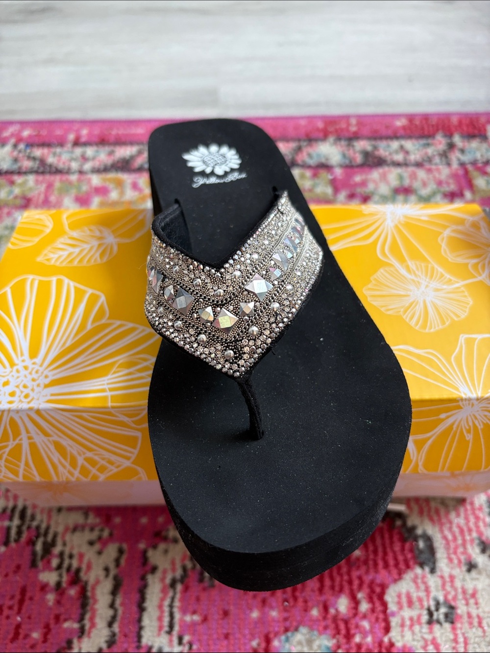 NWT Yellow Box Black Wedge Sandal with Sparkling Crystal Strap - Picture 2 of 2